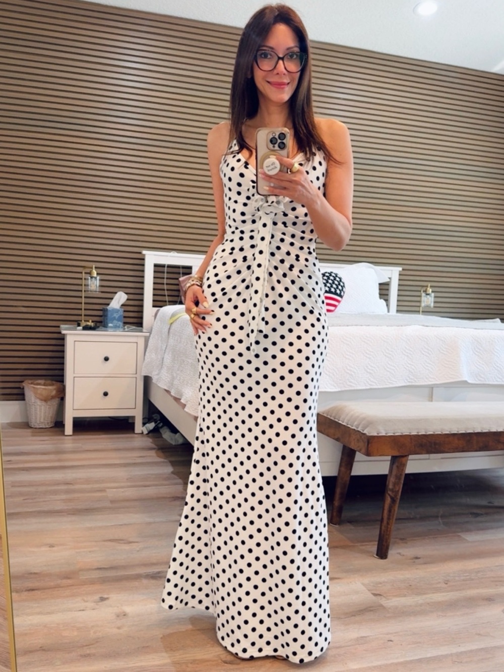 SHEIN White Maxi Dress with Black Polka Dots and Tie-Front